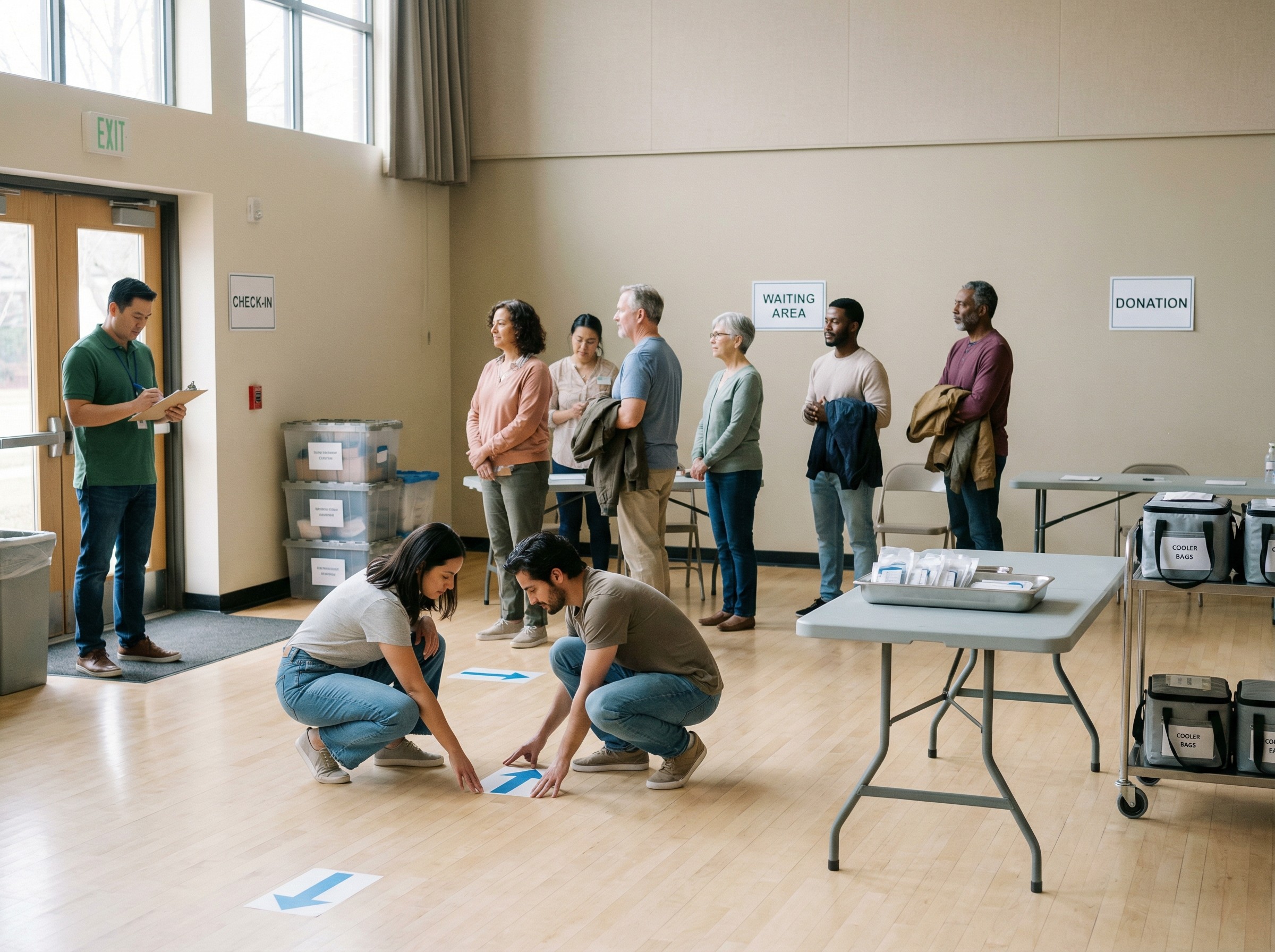 Ein mobiler Spendetisch wird in einer Aula aufgebaut; Klappstühle, Kühltaschen und sterile Sets sind bereitgelegt. Helfer markieren Laufwege mit Bodenpfeilen. Frühankömmlinge warten entspannt in einer kleinen Schlange. Die Szene zeigt einen klar strukturierten Mobileinsatz. Materialkisten stehen sortiert an der Seite, die Beschilderung ist gut sichtbar.