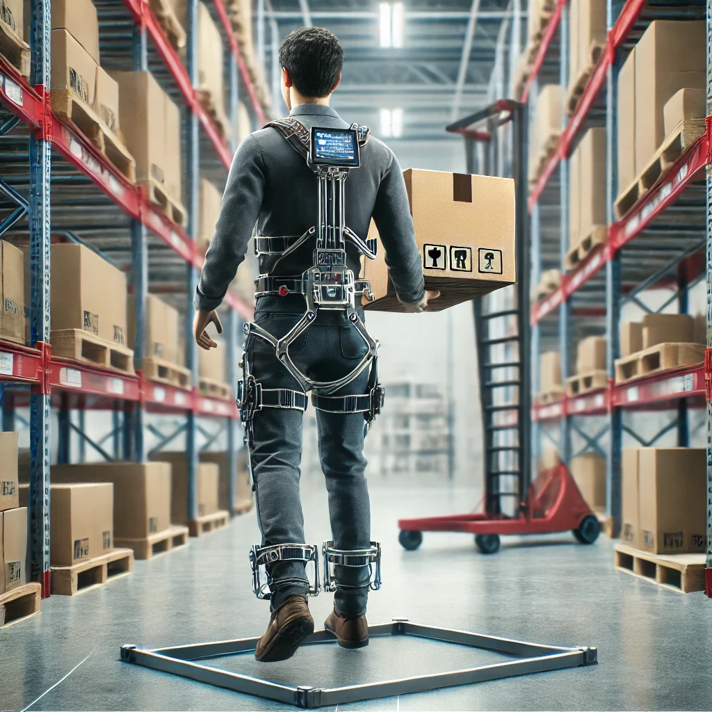 A man wearing an exoskeleton holding a box in a warehouse