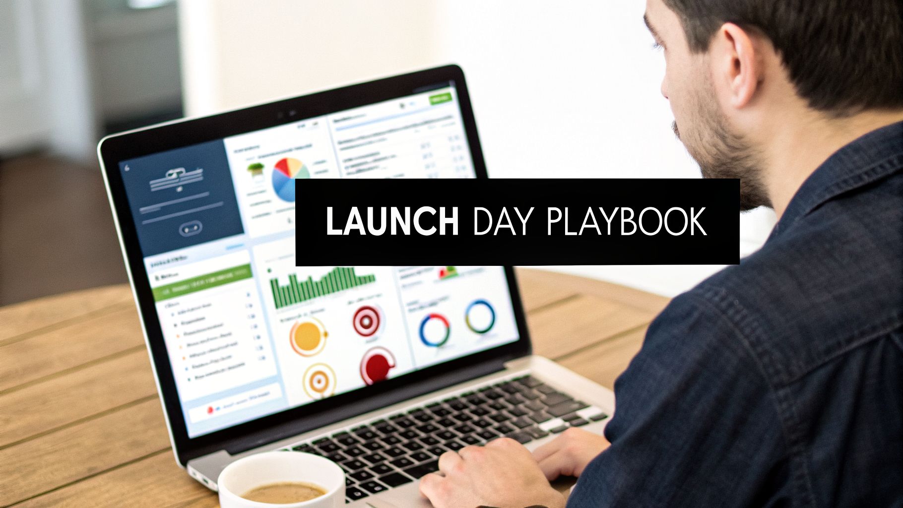 Over-the-shoulder view of a person typing on a laptop with 'LAUNCH DAY PLAYBOOK' text overlay.