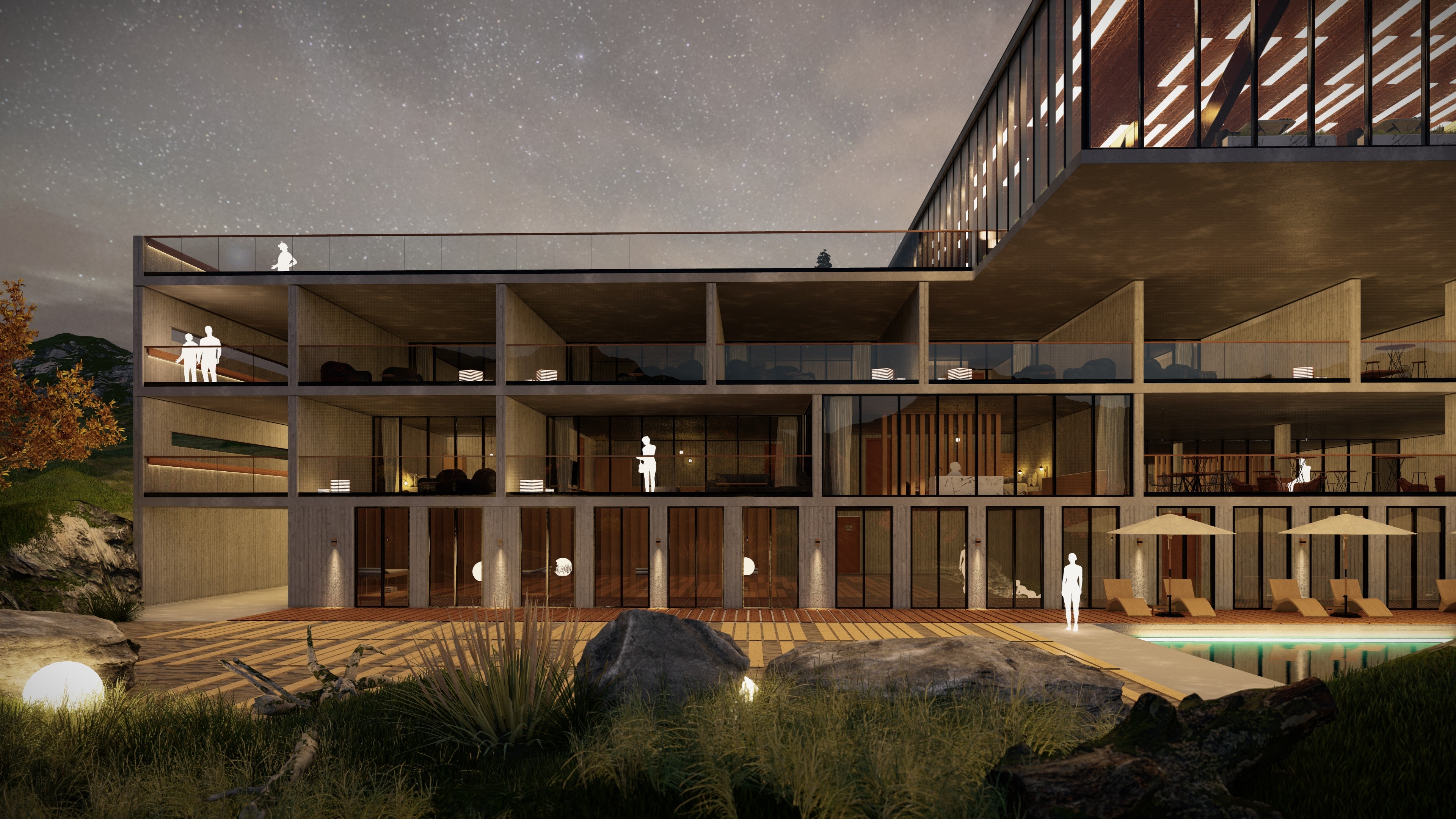 Night exterior rendering of a contemporary valley-view hotel with exposed concrete structure, glass façade, and illuminated balconies overlooking the landscape, showcasing a serene architectural atmosphere under a starry sky.