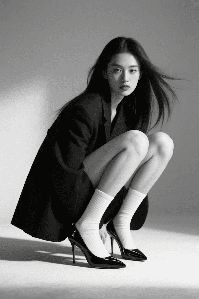 Black and white image of a person crouching in a blazer.