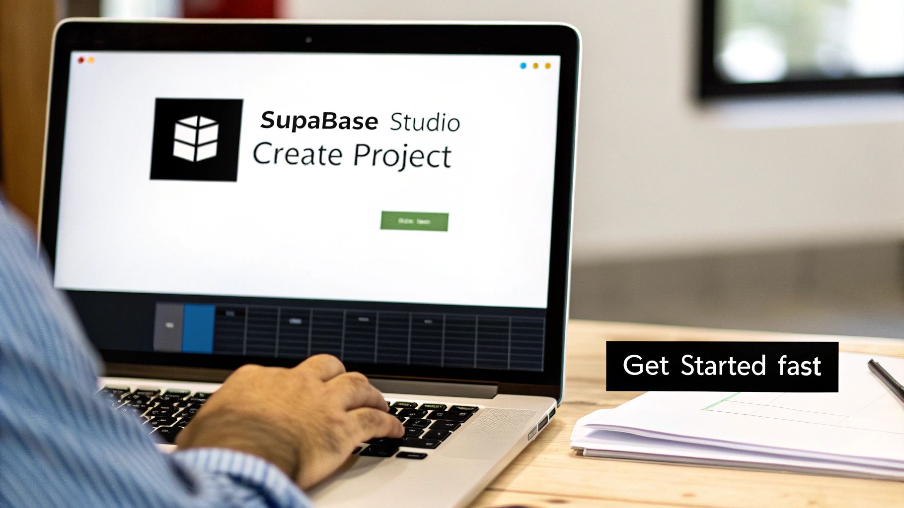 A person typing on a laptop, creating a new project in SupaBase Studio for quick setup.