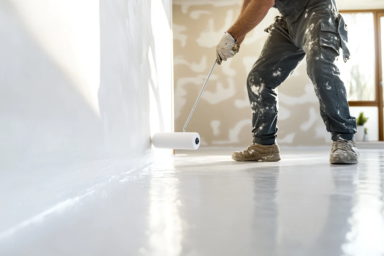 Artisan peintre en train de peindre un mur blanc 