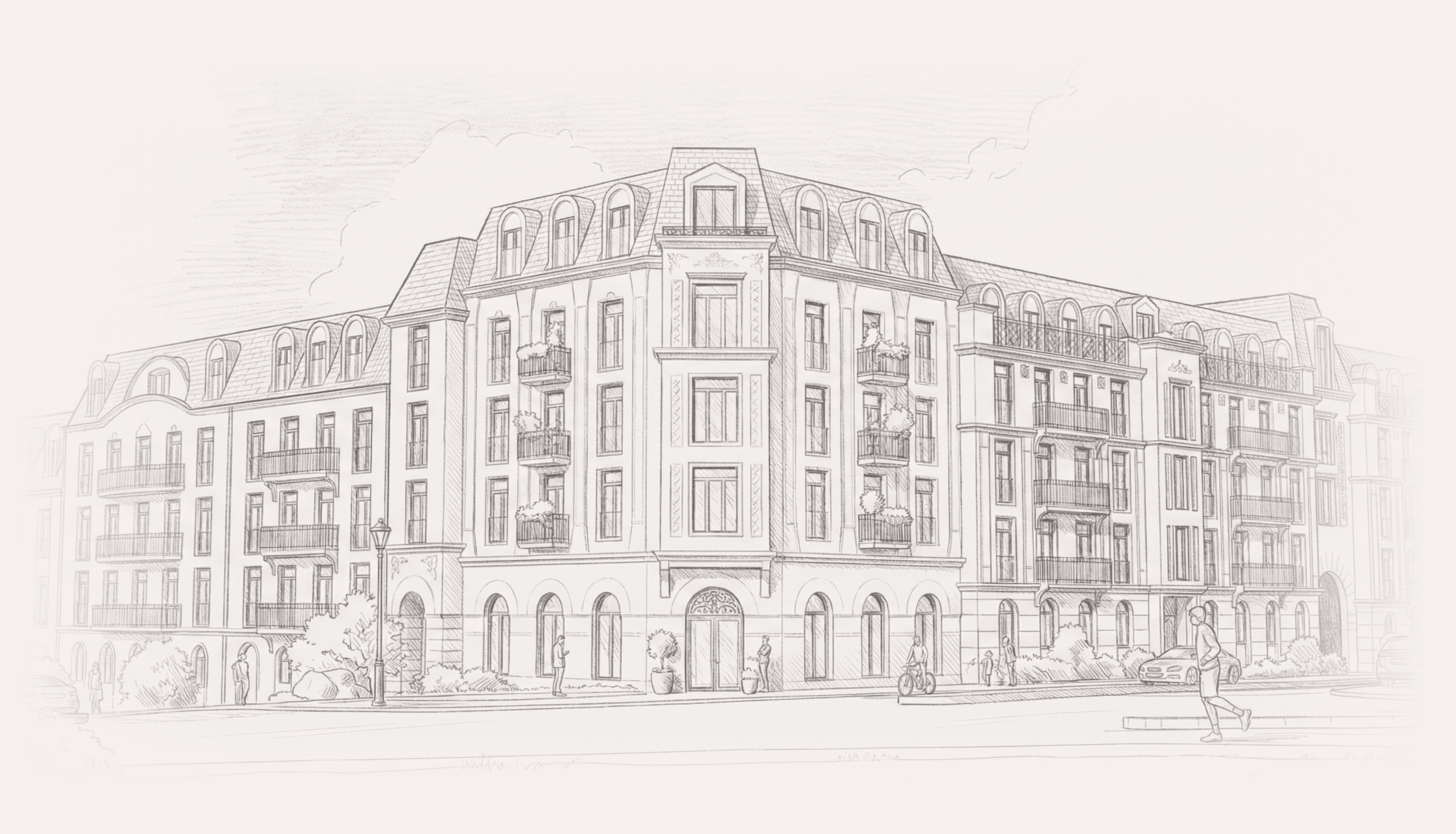 Arkitektonisk illustrasjon av HasleHaven sett fra gateplan med klassisk fasade og hjørnevolum