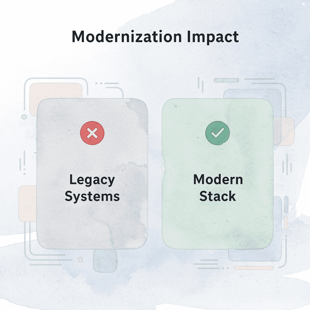 Before and after infographic comparing legacy systems to modernized stack
