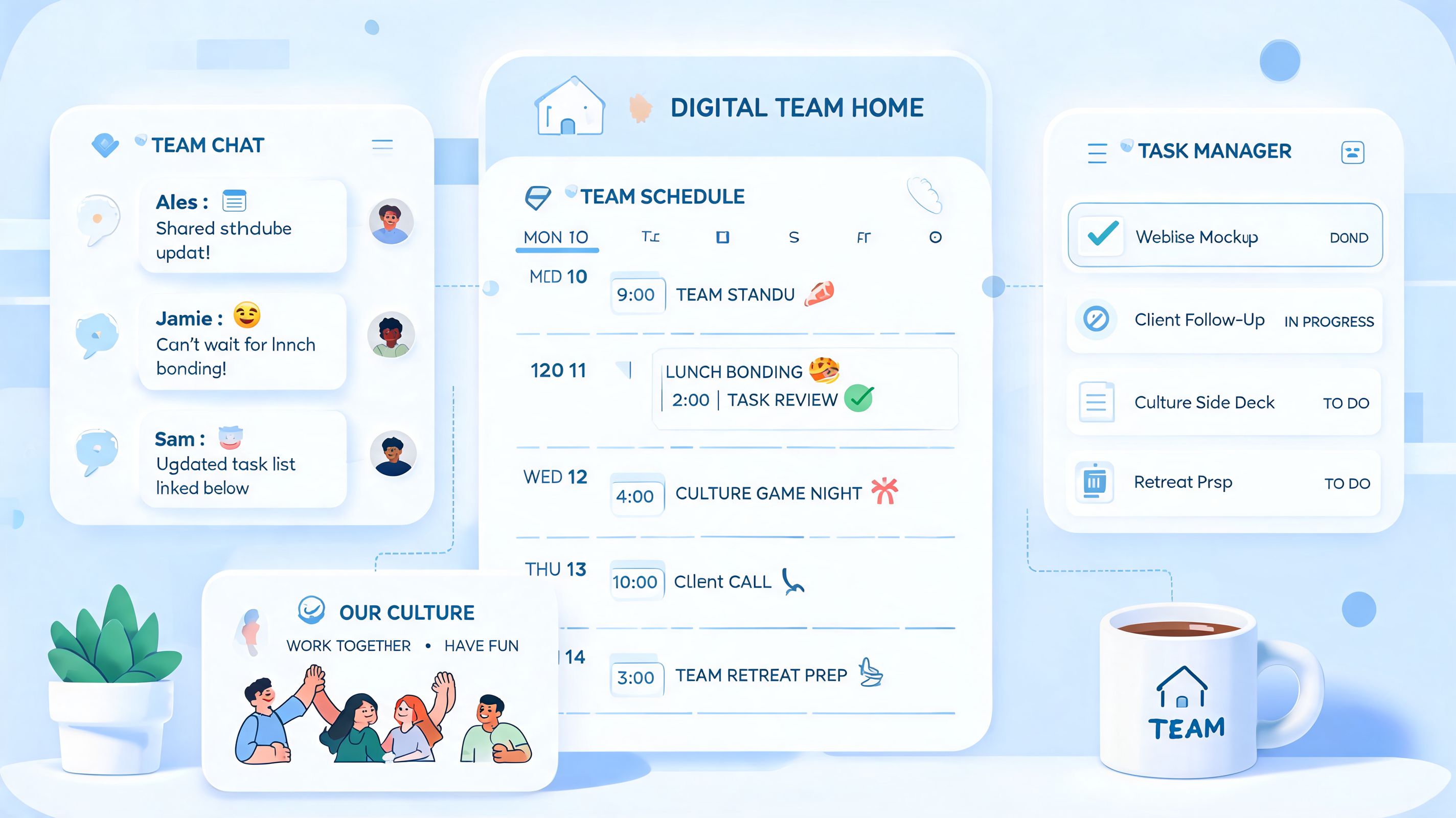 A 3D illustration of a digital team dashboard with a chat, a schedule, and task management panels.