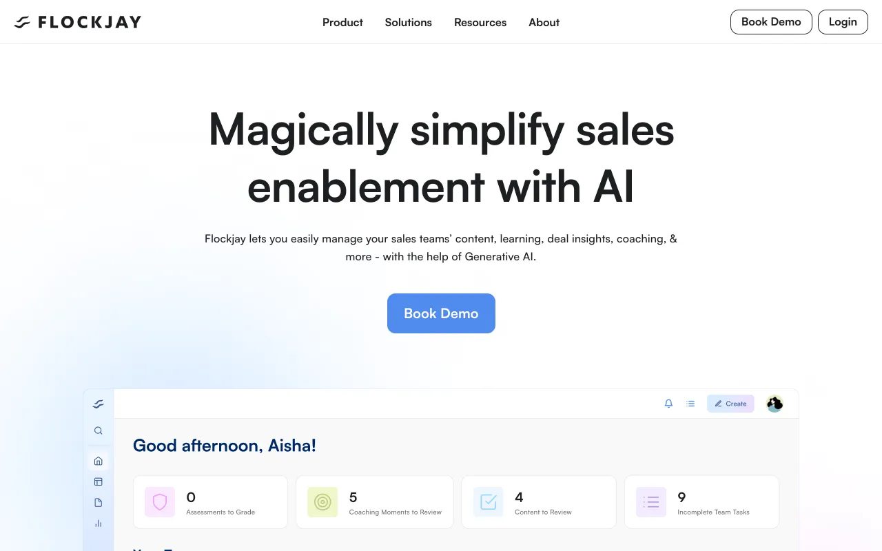Flockjay homepage, AI sales enablement and learning platform