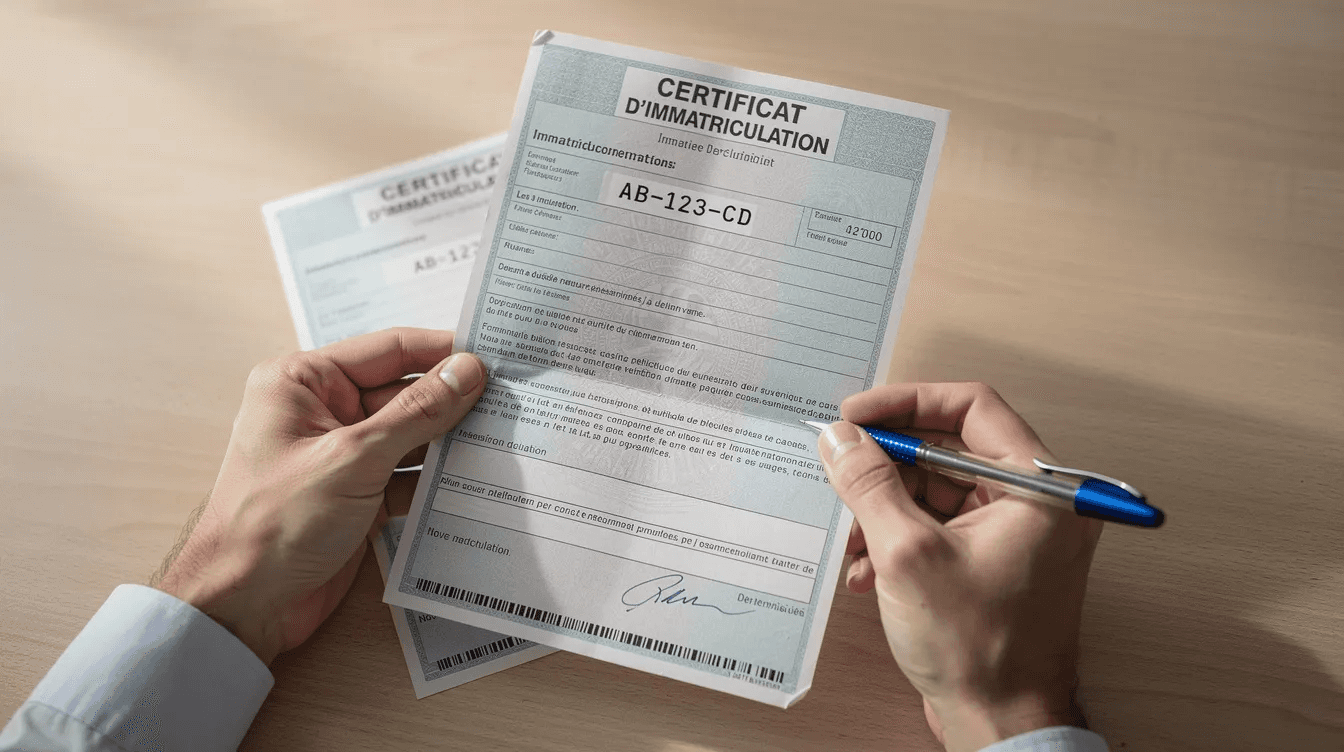 Une main tient une carte grise de véhicule avec un stylo, prête à être remplie pour une démarche administrative. Cette carte, également appelée certificat d'immatriculation, est essentielle pour la cession ou la destruction d'un véhicule hors d'usage.