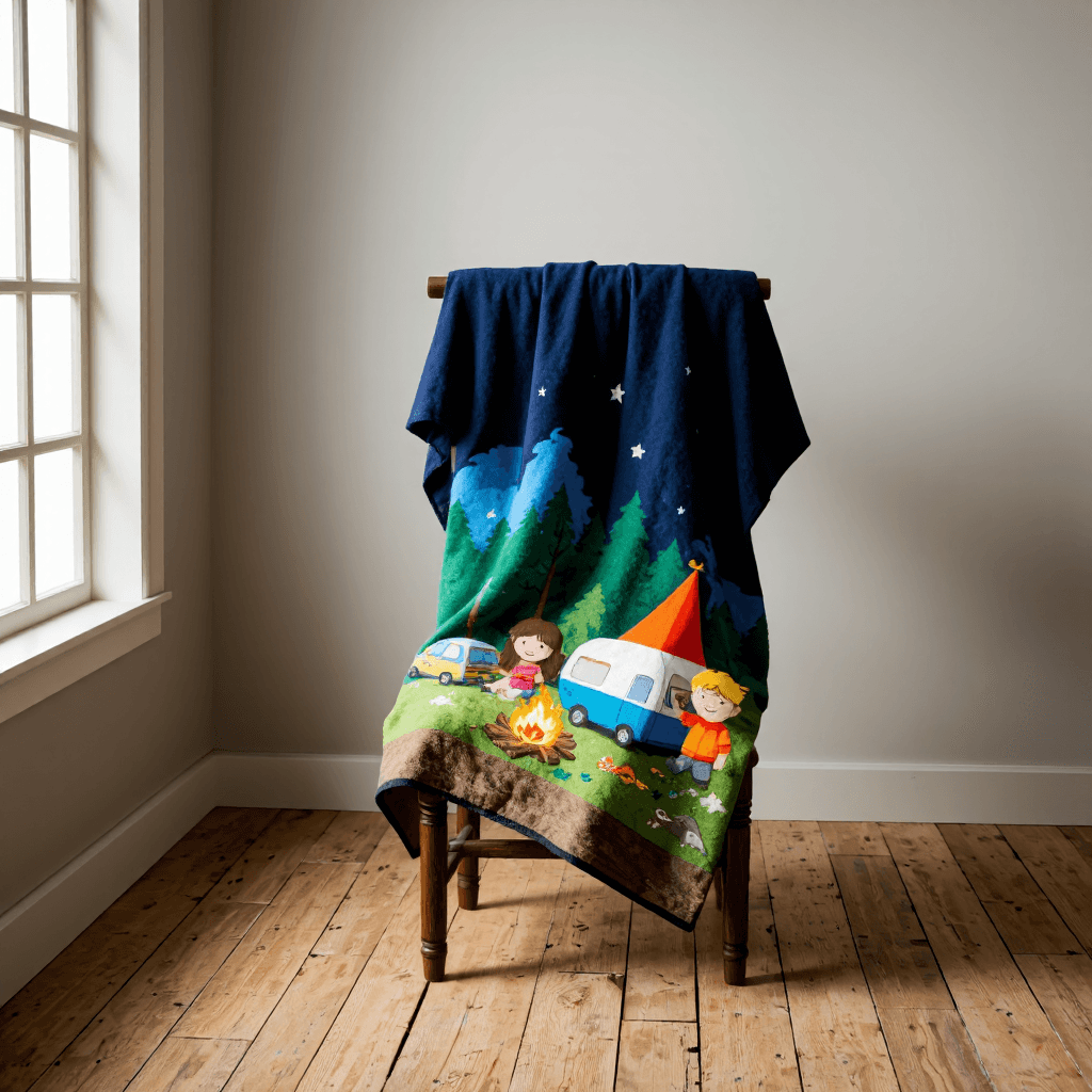 product photography of a camping-themed blanket featuring cartoon characters