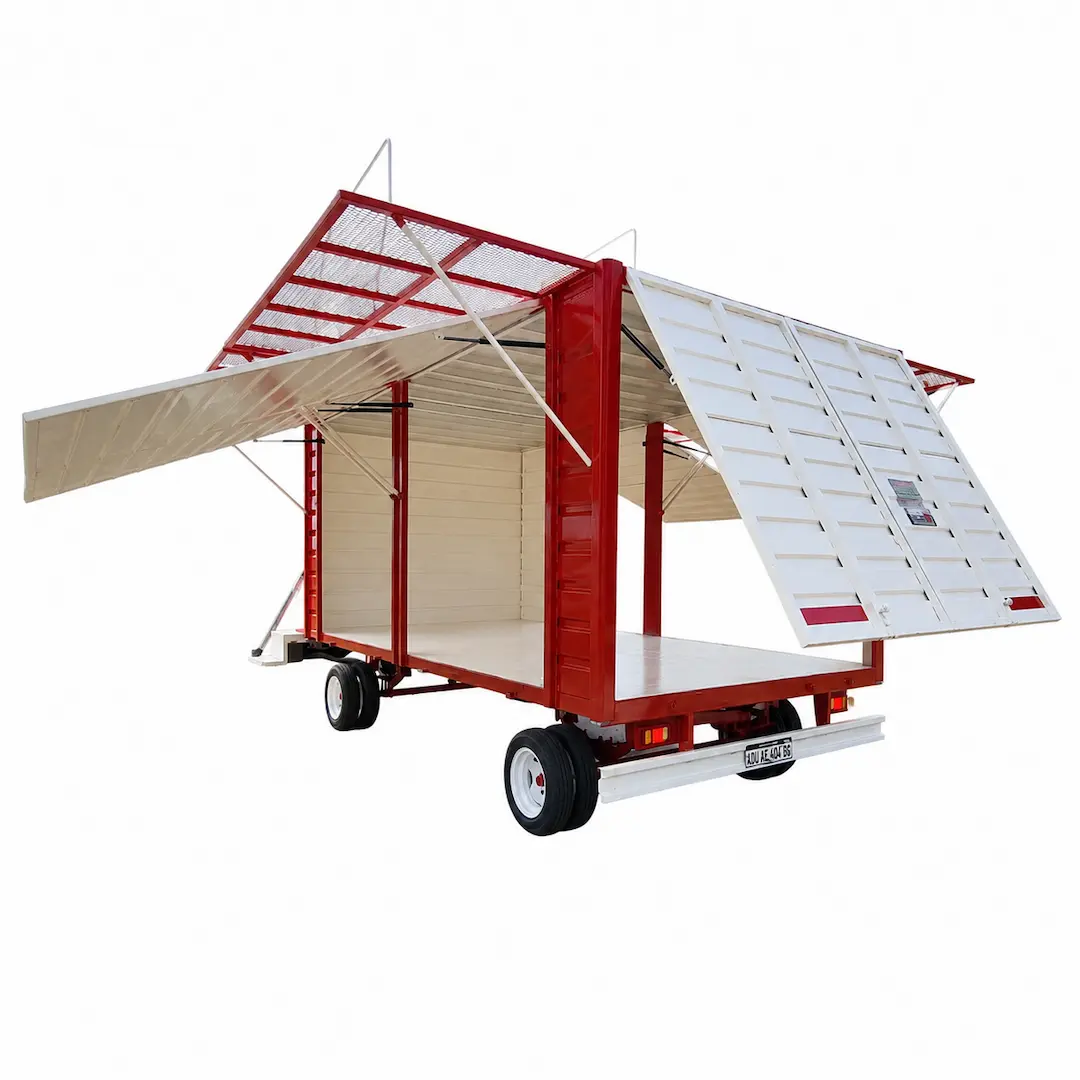 Vista trasera de carro para transportar dron agrícola color rojo