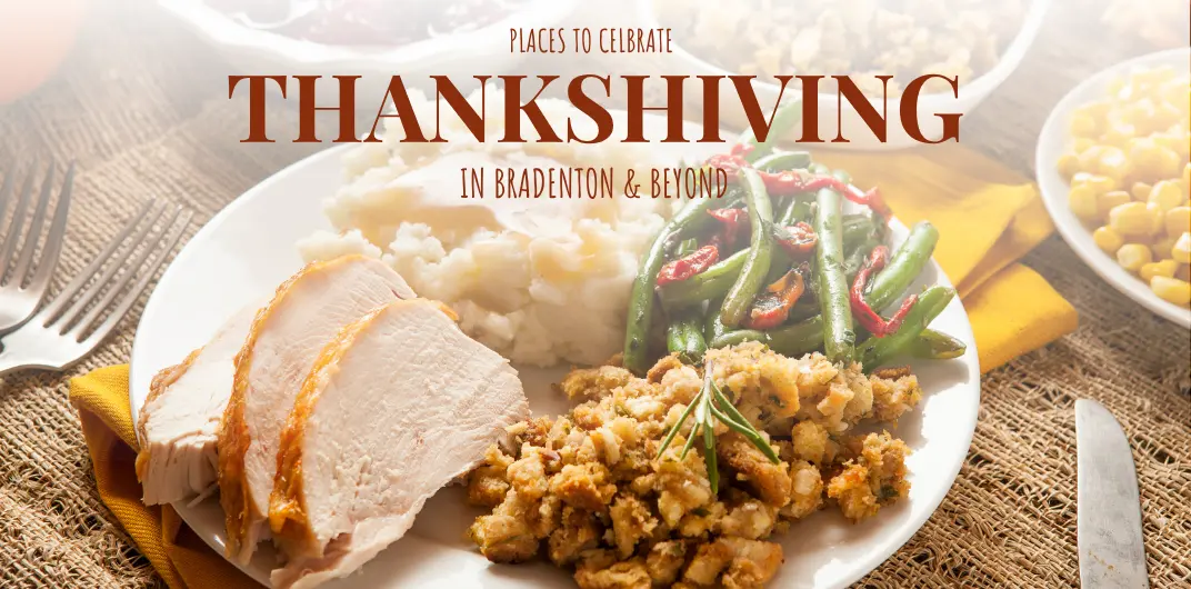 A beautifully arranged Thanksgiving plate featuring sliced turkey, mashed potatoes, sautéed green beans, and stuffing, set against a rustic table in Bradenton, FL.