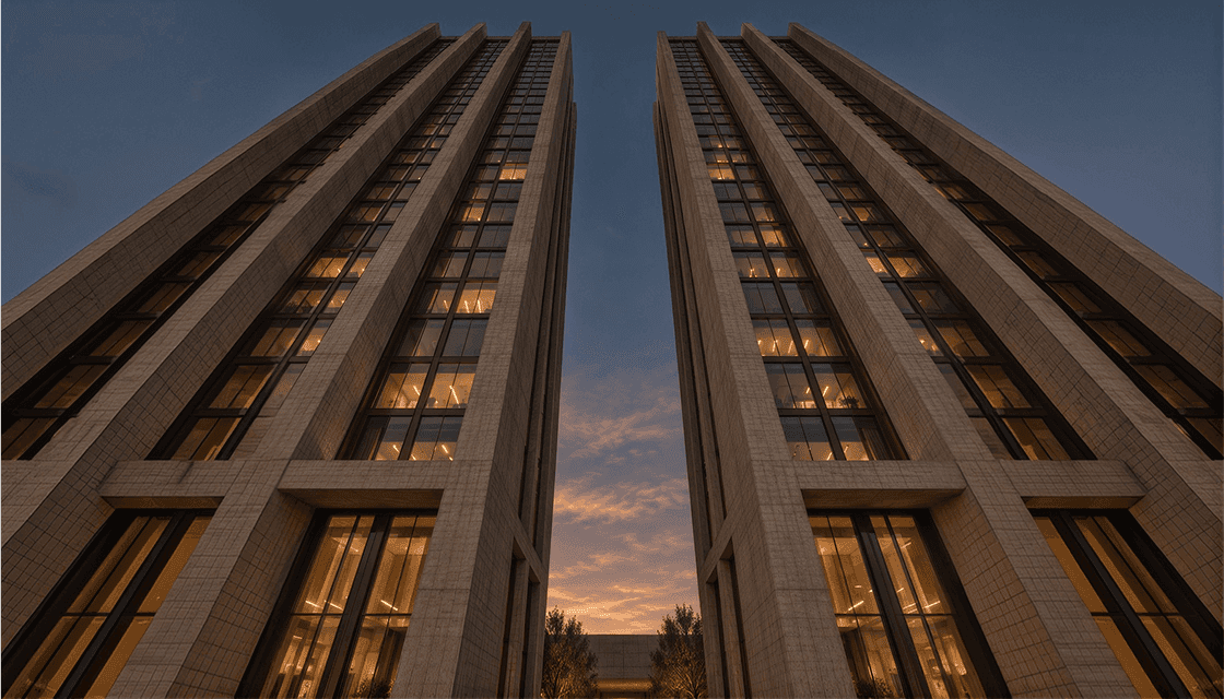 Twin stone towers seen from below at dusk