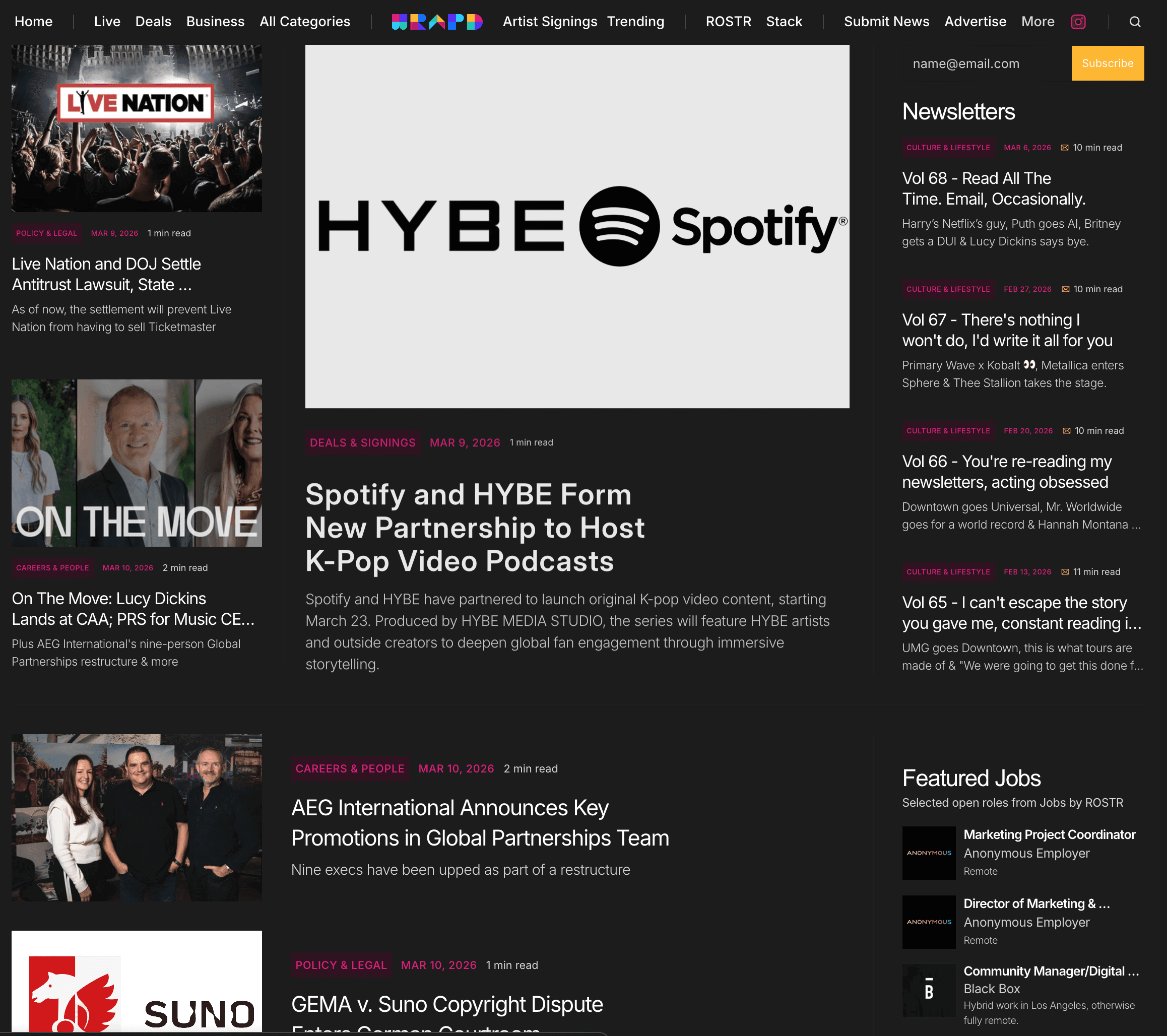 New Industry Focus news feed showing independent music business news covering Live Nation, Spotify, HYBE, and industry deals alongside featured jobs from ROSTR.