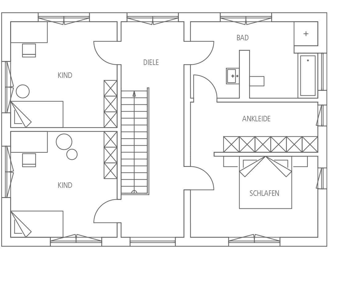 Grundriss einer Wohnung mit zwei Kinderzimmern, Diele, Bad, Ankleide und Schlafzimmer.