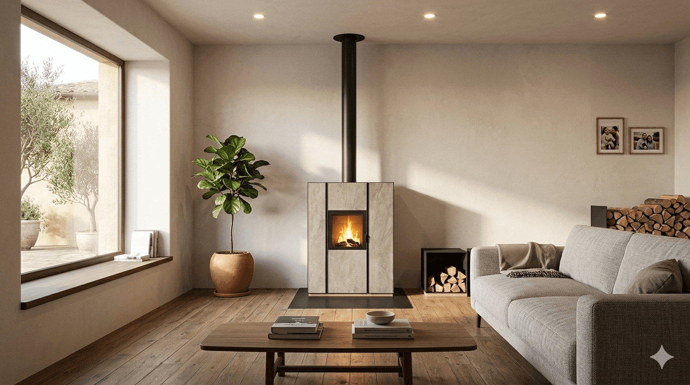 Stufa a legna moderna installata in soggiorno con design contemporaneo