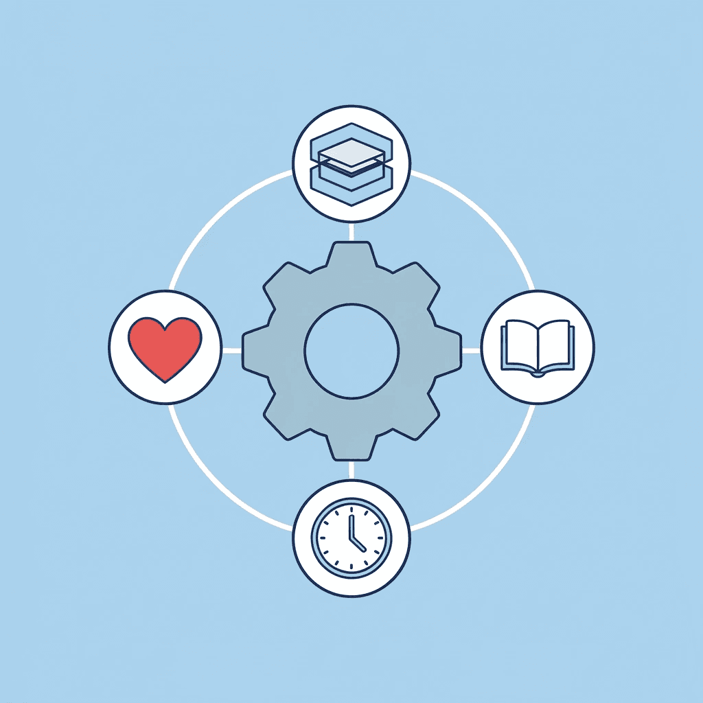 Central fabric icon connected to four surrounding icons representing quality, comfort, performance, and longevity