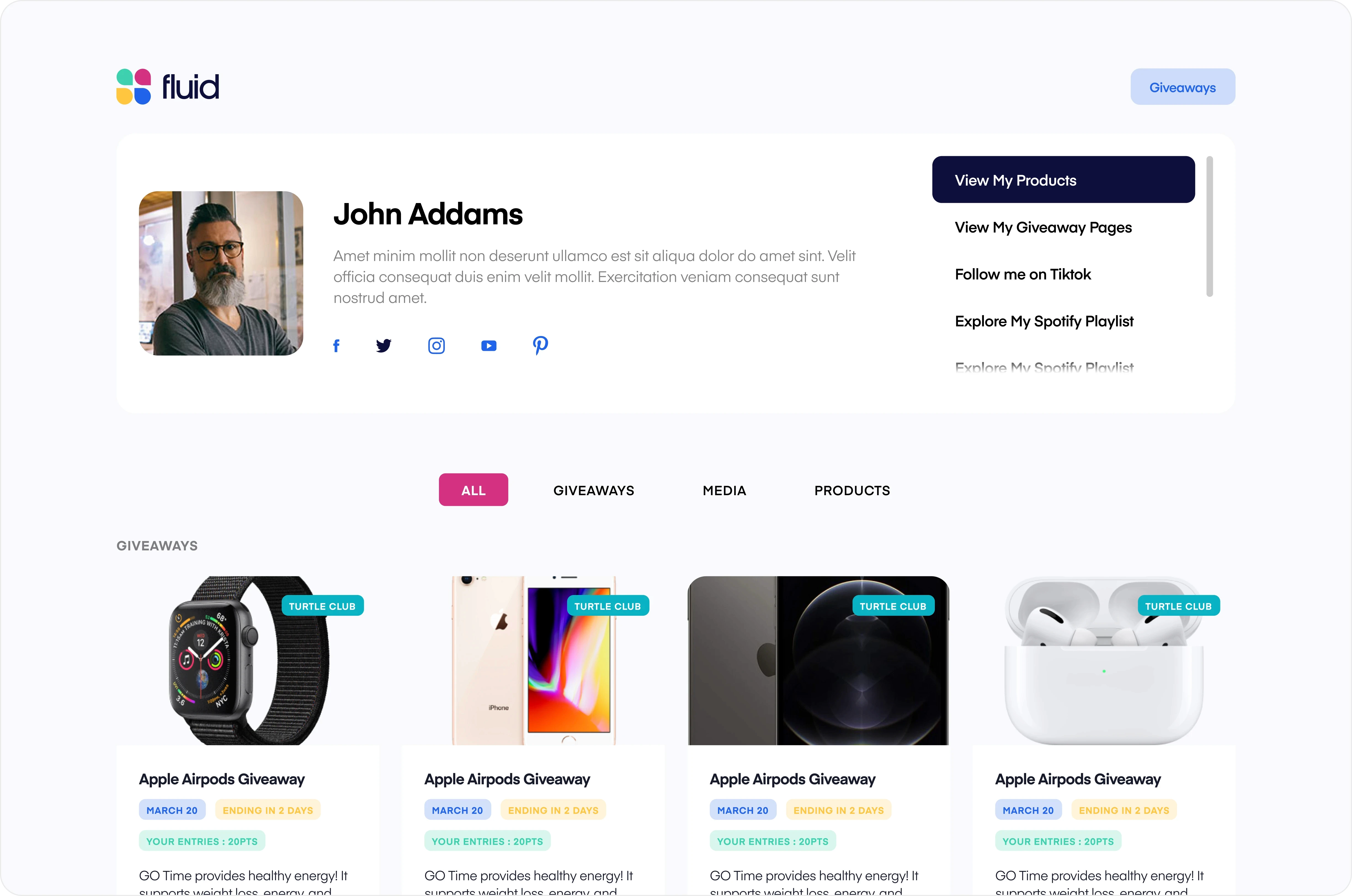 Fluid CRM MySite web template showcasing a personal profile page with user photo, social links, product giveaways, item listings, and customizable action buttons — designed to help direct sellers create their own branded storefront.