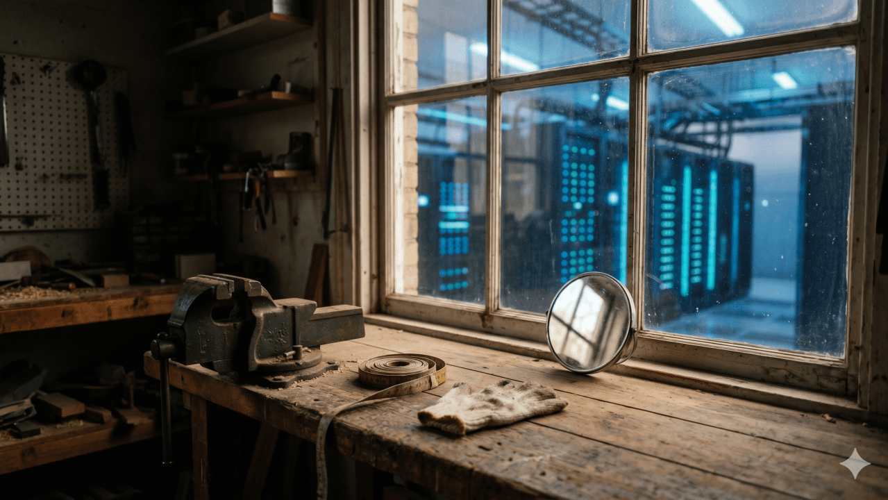 Établi d'atelier avec un miroir de rasage reflétant une salle de serveurs informatiques à travers une fenêtre