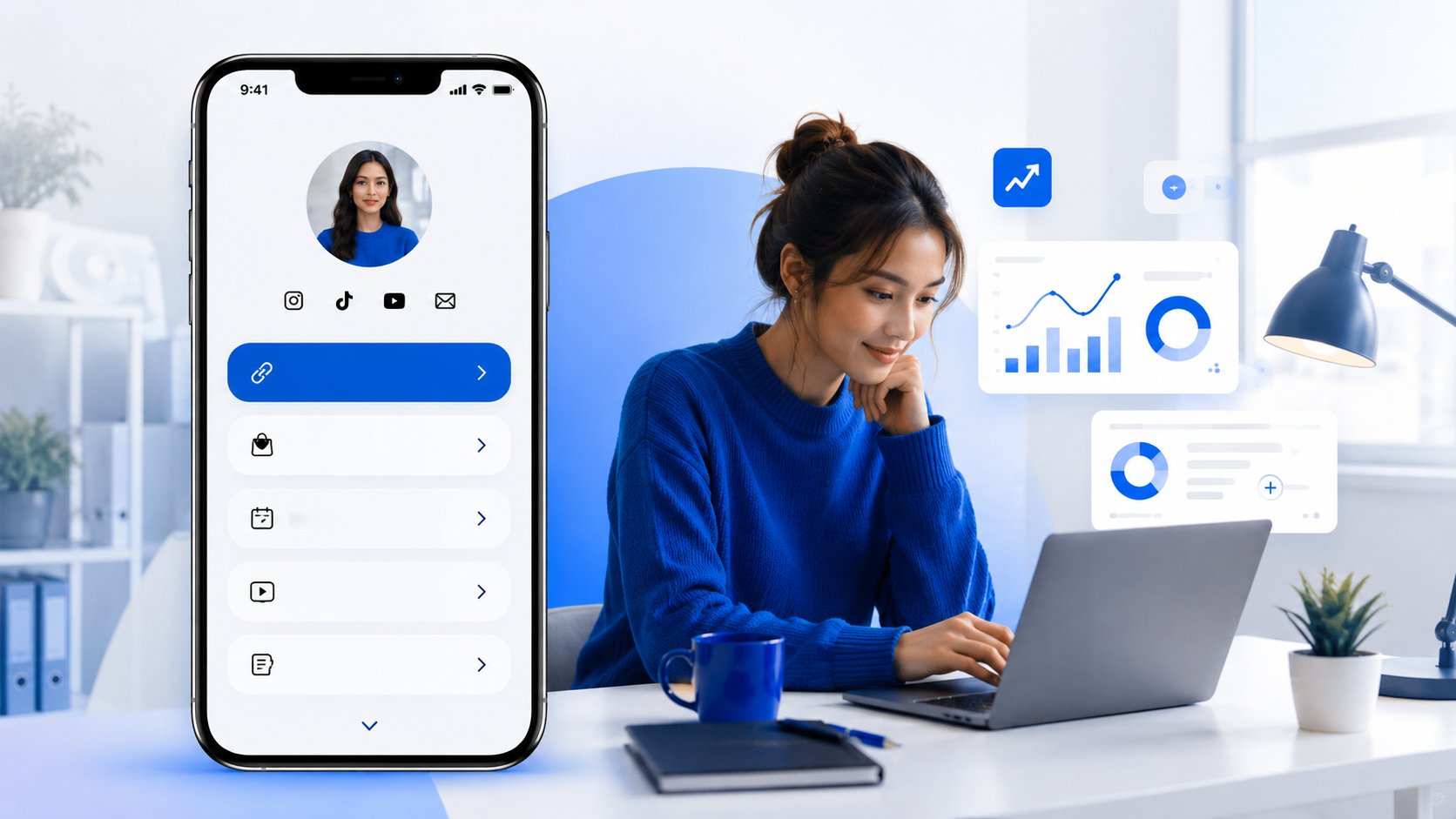 A mobile-first link-in-bio page with a creator profile photo, short bio, one prominent top CTA, a few secondary links, and clean spacing designed for quick scanning on a phone screen