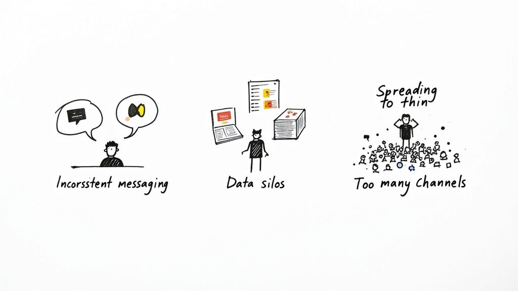 Three illustrations depicting marketing problems: inconsistent messaging, data silos, and too many channels.