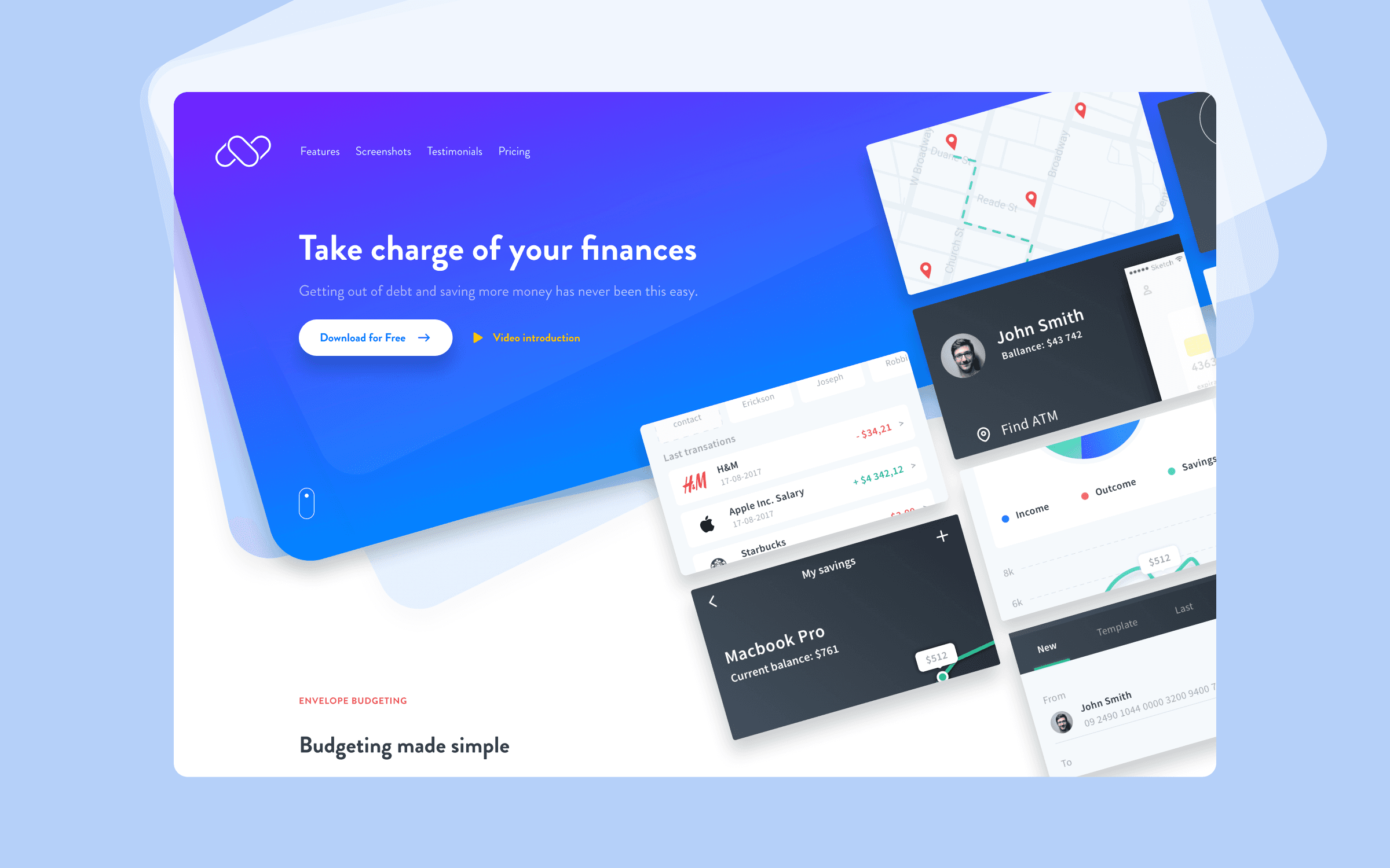 Hero section of the Numm finance app website with blue gradient header and floating UI cards.