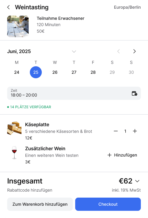 Eine Buchungsübersicht für ein Weintasting.