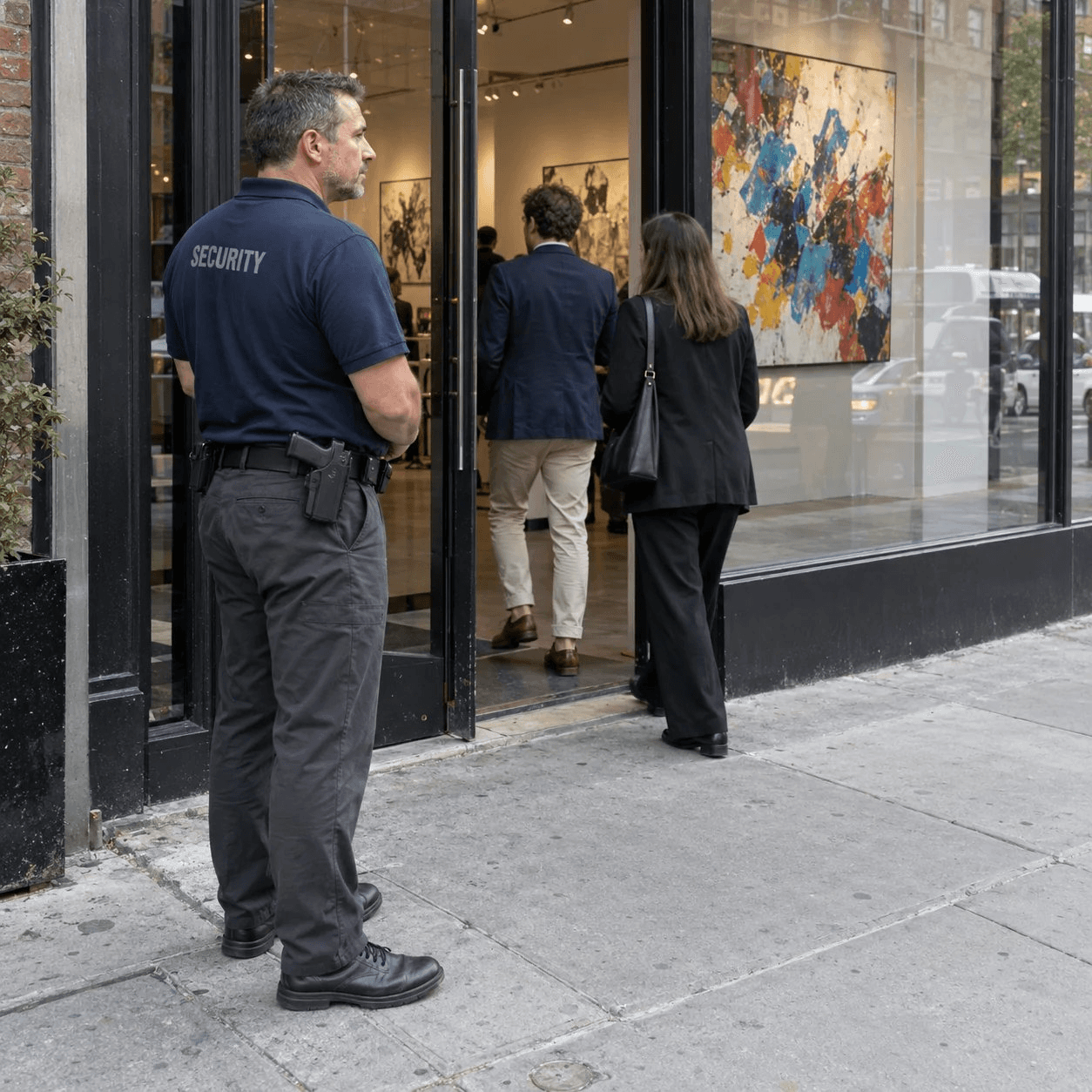Armed Ares officer posted at a gallery entrance as guests arrive