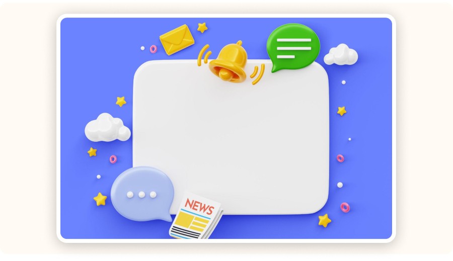 Colorful 3D email marketing scene with notification bell, messages, and blank panel&nbsp;