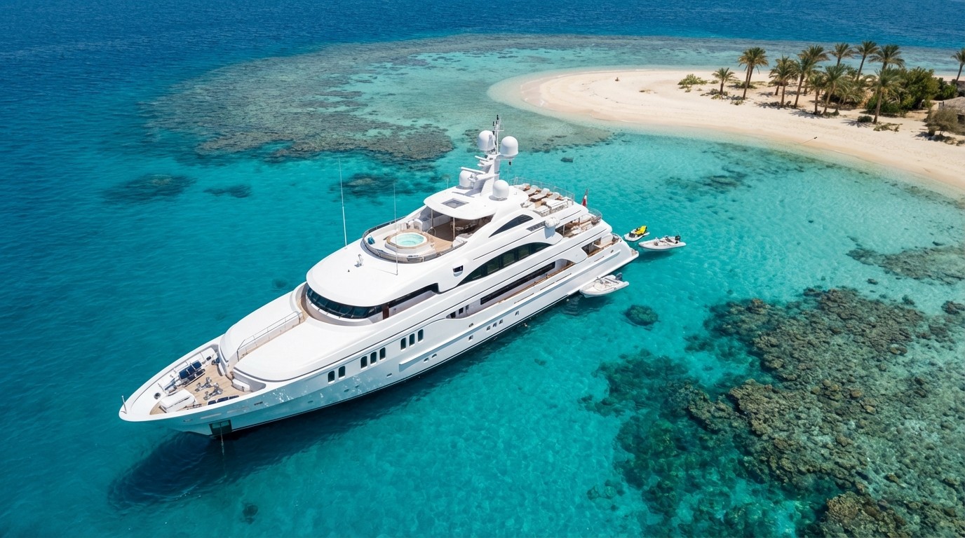 Яхта Bismarck на котва в тюркоазен залив, Червено море