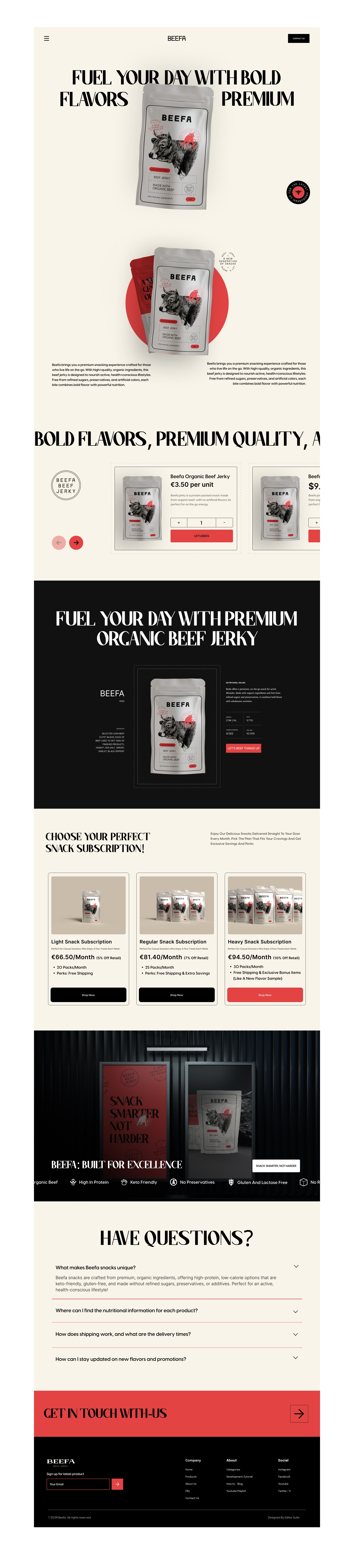 Website design for Beefa, created by The Editor Suite, featuring the brand's organic beef jerky. The design emphasizes bold flavors, premium quality, and offers various subscription options. The site includes product details, FAQs, and a contact form, all presented with a clean and modern aesthetic.