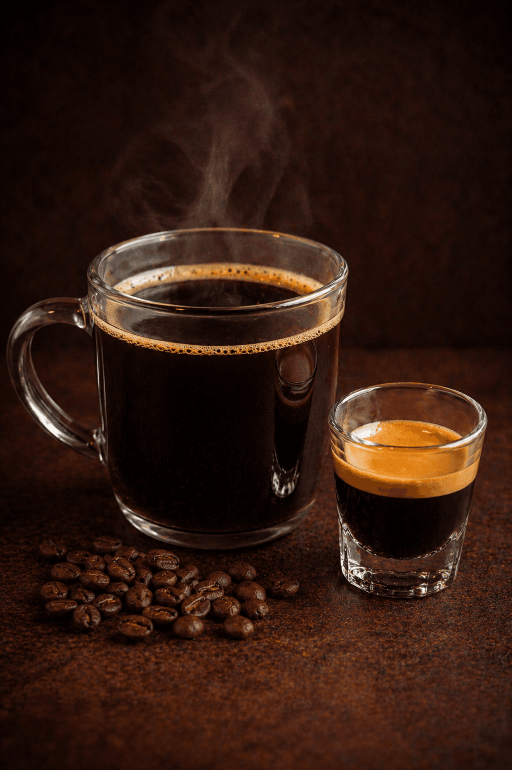 Double-shot dark roast Americano served in a glass mug at Café Sherpa's in Brookfield, WI. Clean and bold espresso stretched with hot water, available iced.