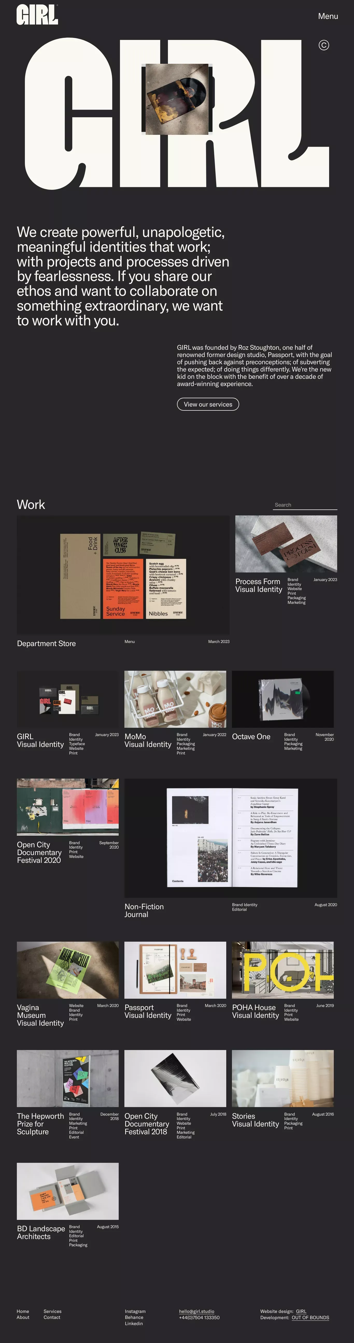GIRL Studio portfolio page screenshot showcasing Design and Tech design
