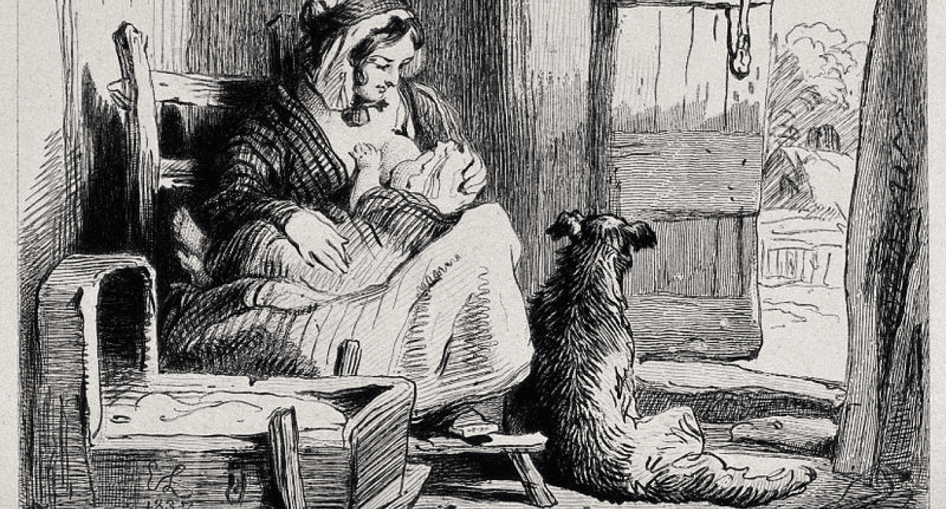 A mother breastfeeding her child in a cottage while her dog sits at her feet. Etching by C. Lewis after E. H. Landseer.