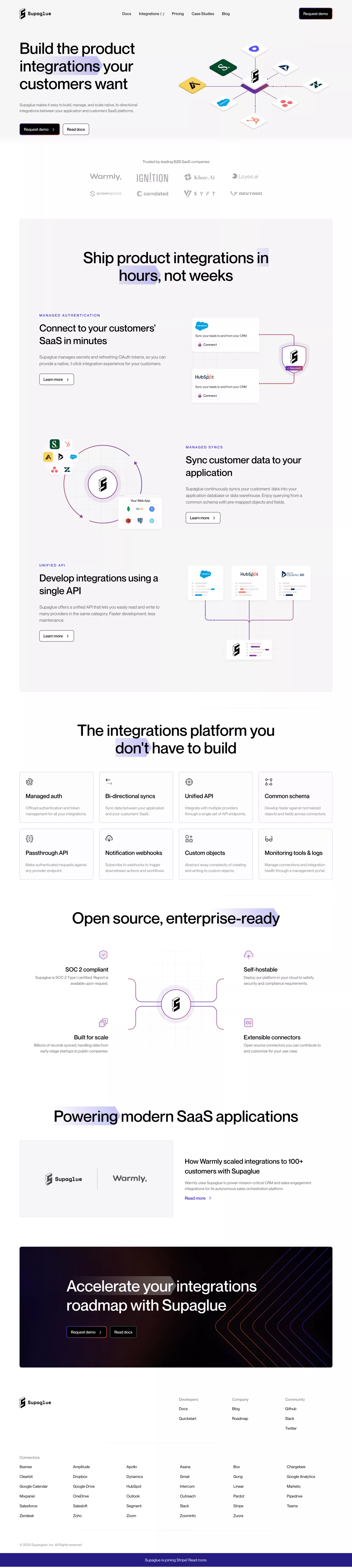 Supaglue landing page screenshot showcasing Tech design