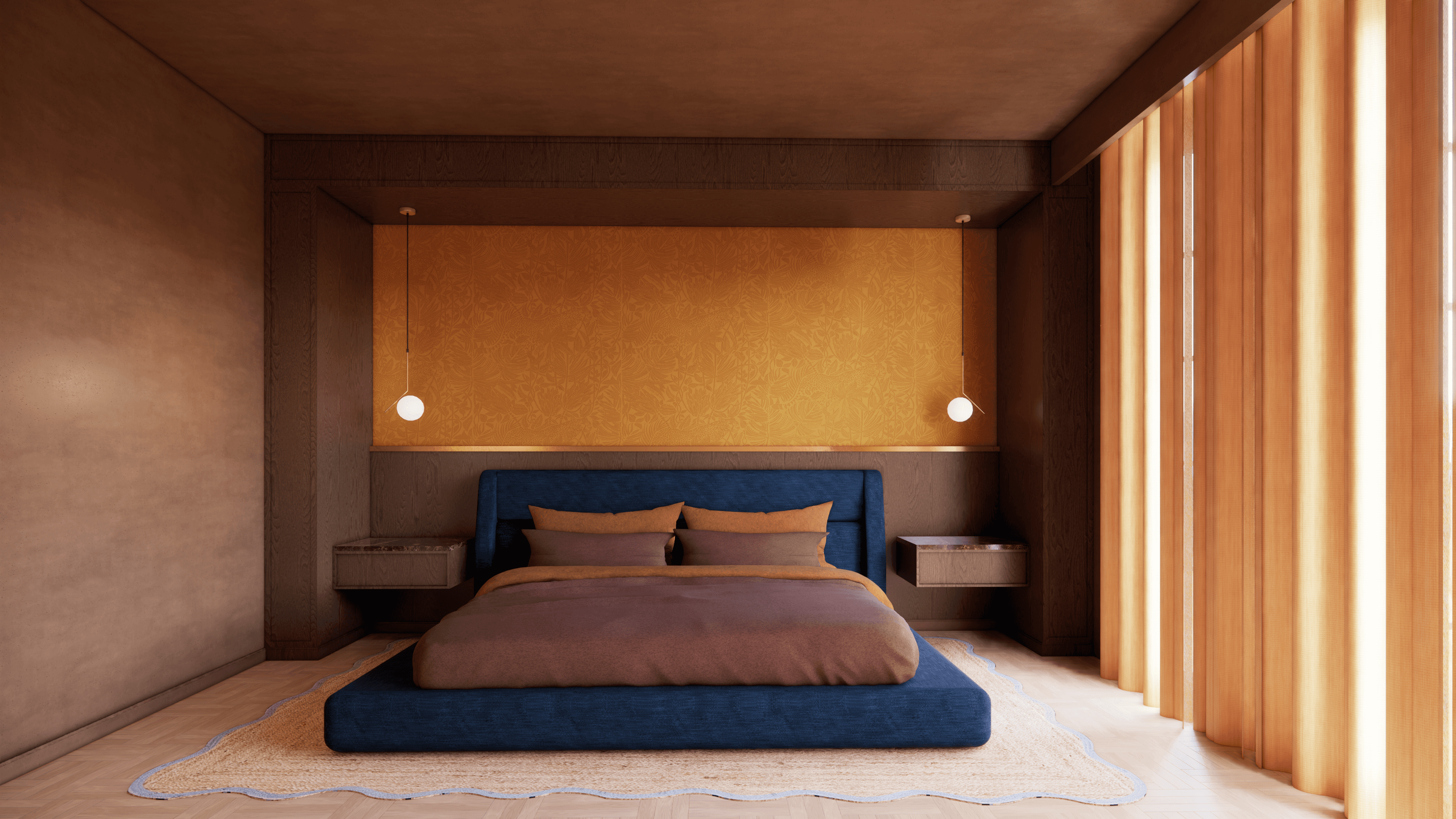 Luxury hotel-style bedroom, with warm colors and custom joinery and warm linens.