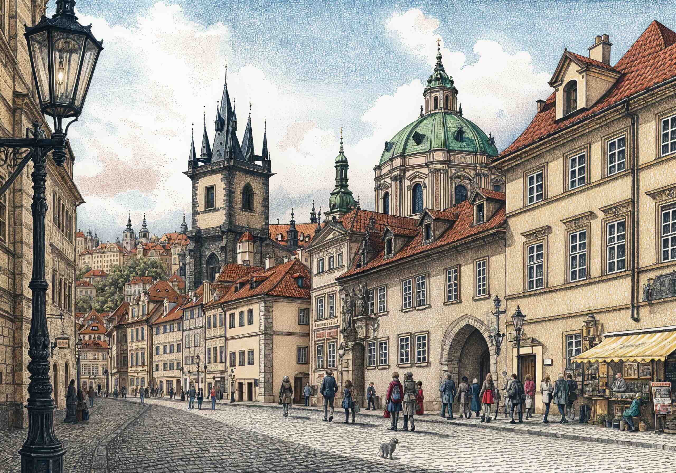 A detailed illustration of a charming street in Prague, Czech Republic, featuring historic buildings, the Church of Our Lady before Týn, and a lively atmosphere with pedestrians.