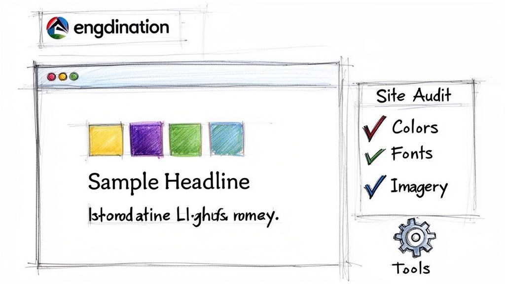 Hand-drawn sketch of a brand guidelines audit, featuring a logo, website elements, and design checklist.
