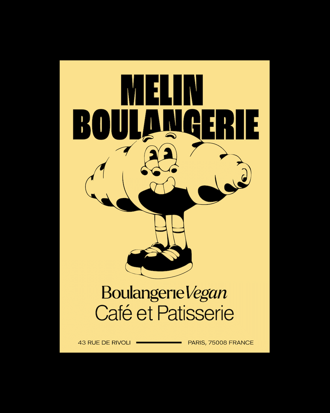 Affiche "Melin Boulangerie" avec un croissant souriant, précisant que c'est une boulangerie vegan, café et pâtisserie, située à Paris.