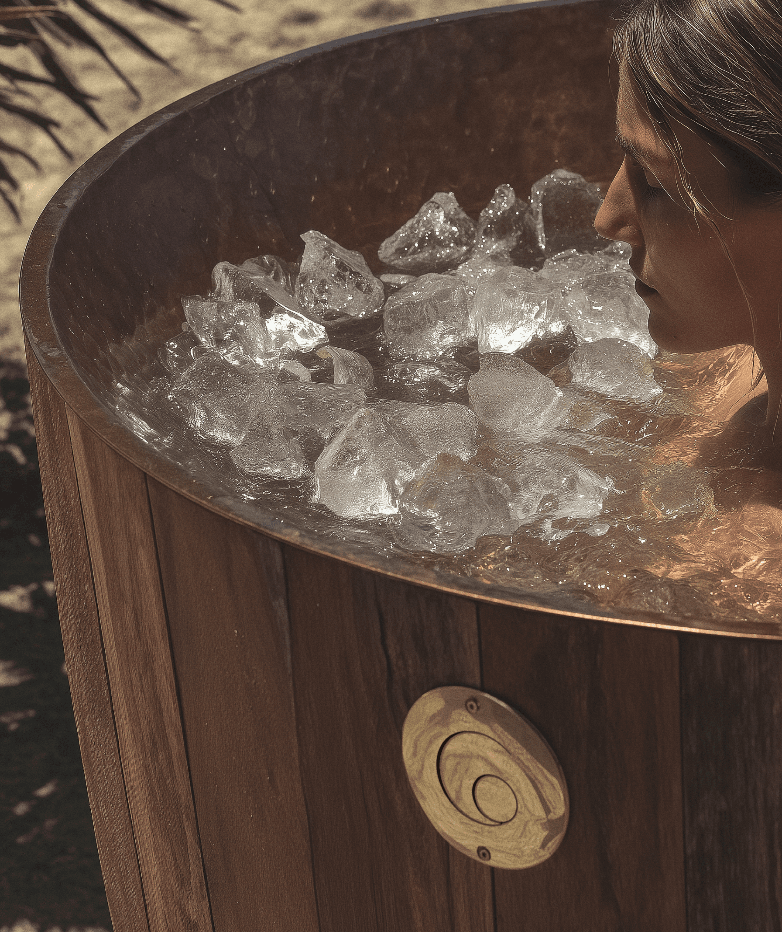 Gråhanå wellness retreat photography — person immersed in an outdoor wooden ice bath filled with crystal ice, representing resilience, mindfulness, and the sensory essence of Astrophat Studio’s conscious luxury branding.