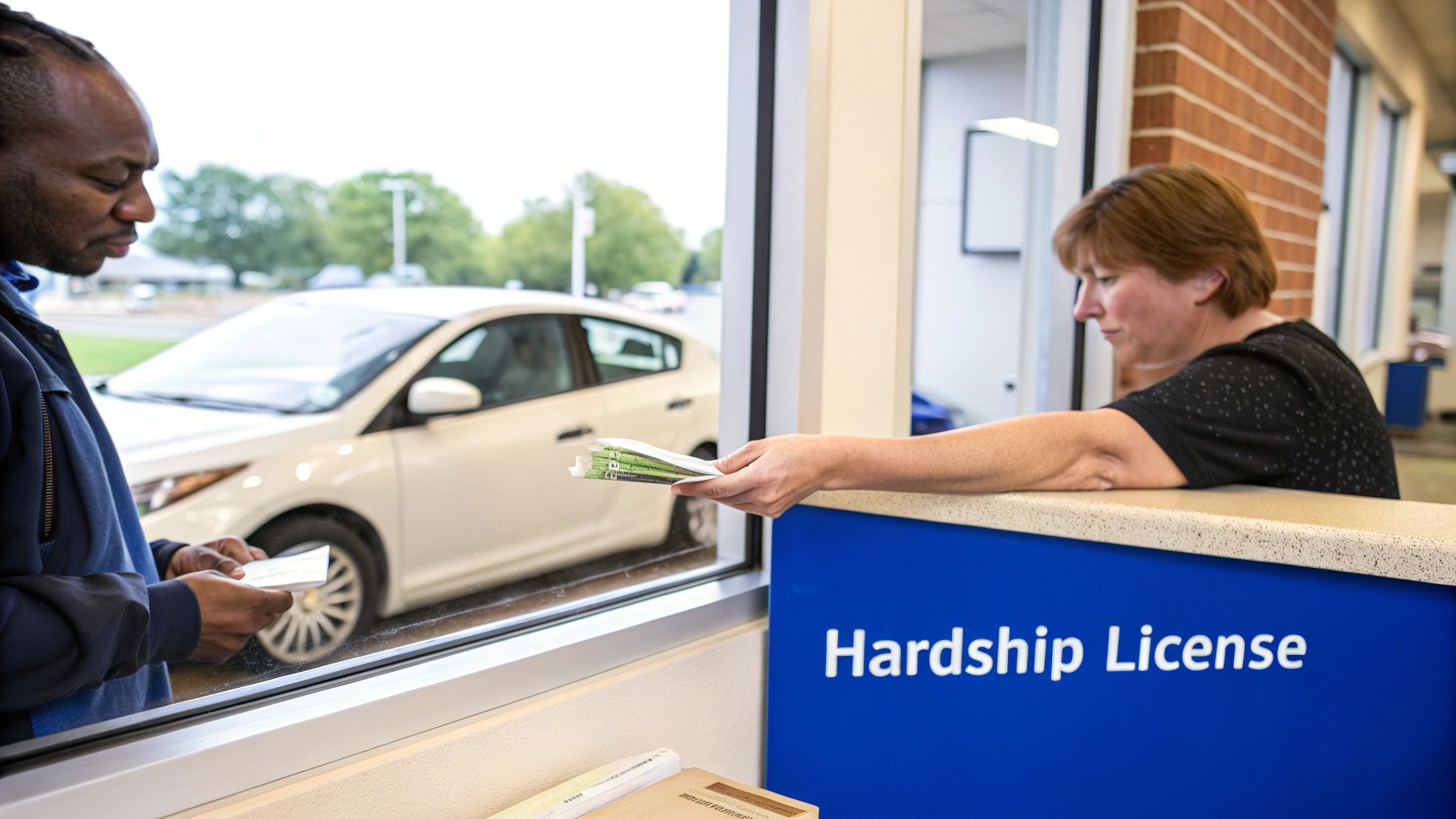 A man receives money from an attendant at a service window, with 'Hardship License' visible.