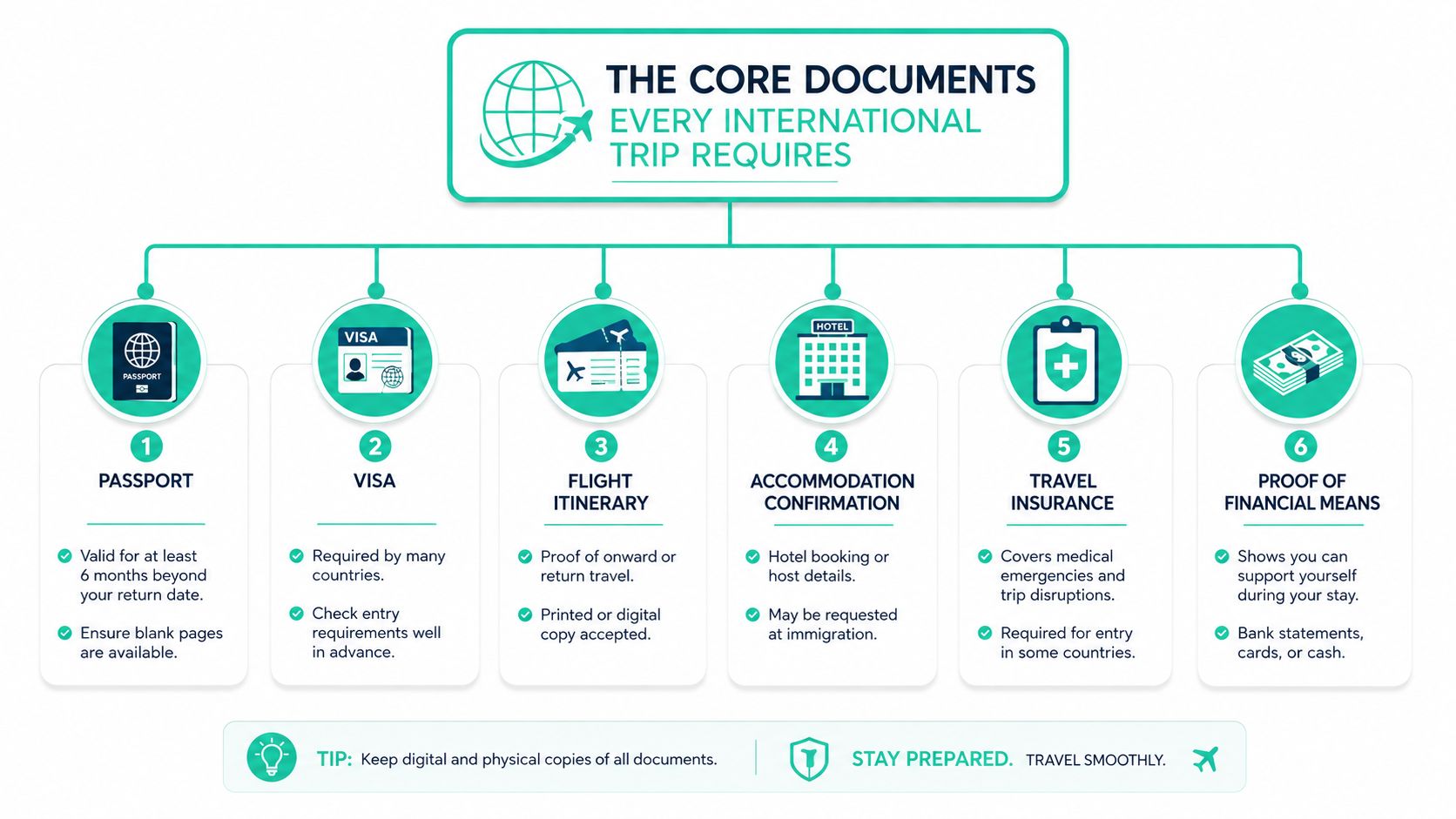 An infographic showing the six essential documents required for international travel, including passport, visa, and insurance.
