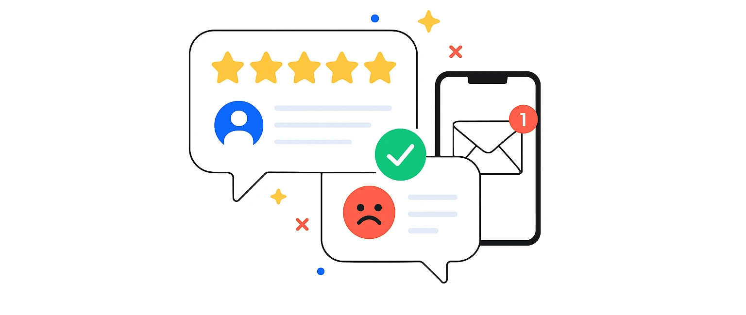Illustration of five-star and one-star customer reviews with happy and unhappy face icons, representing a review filter tool directing feedback.