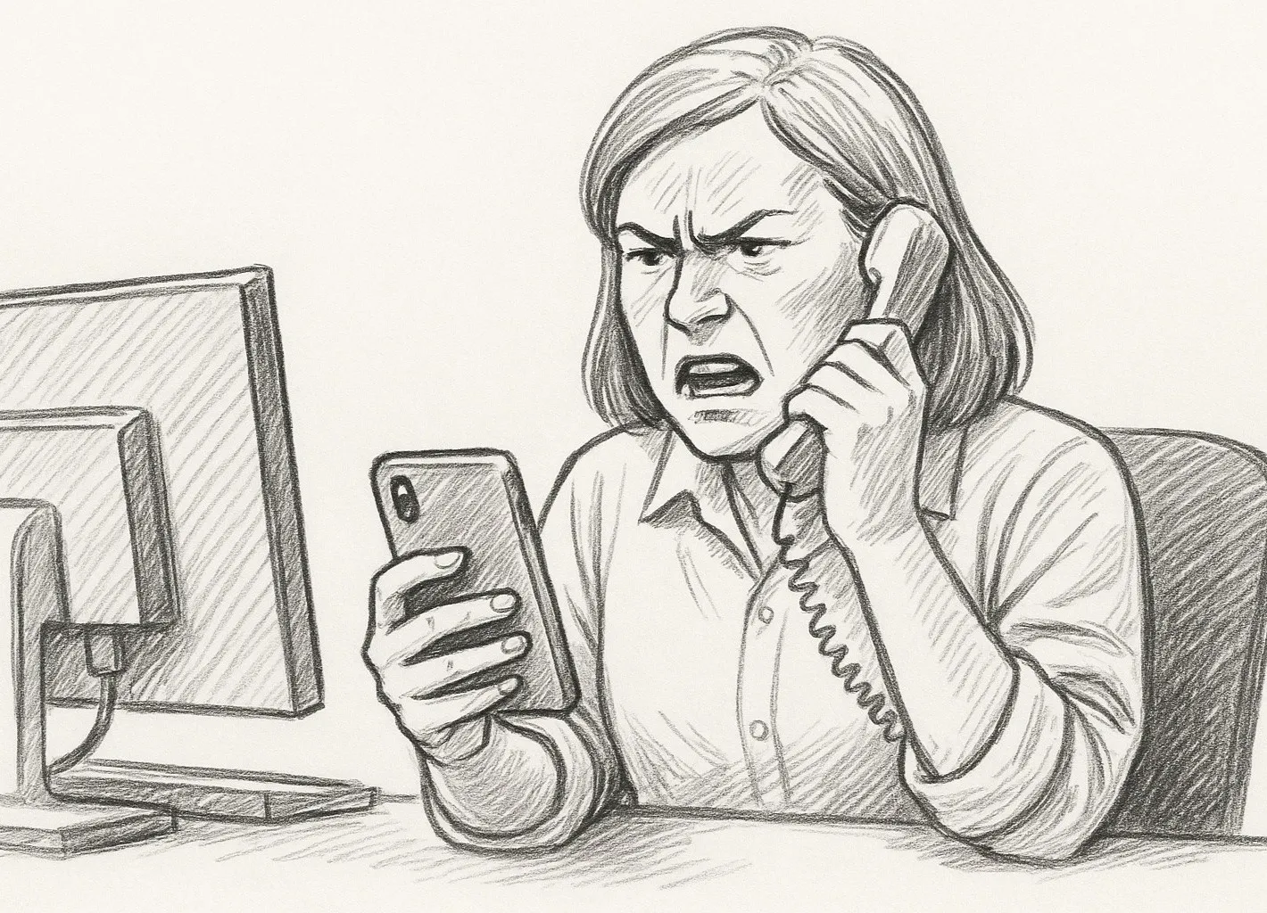 Lady angrily speaking on a landline phone