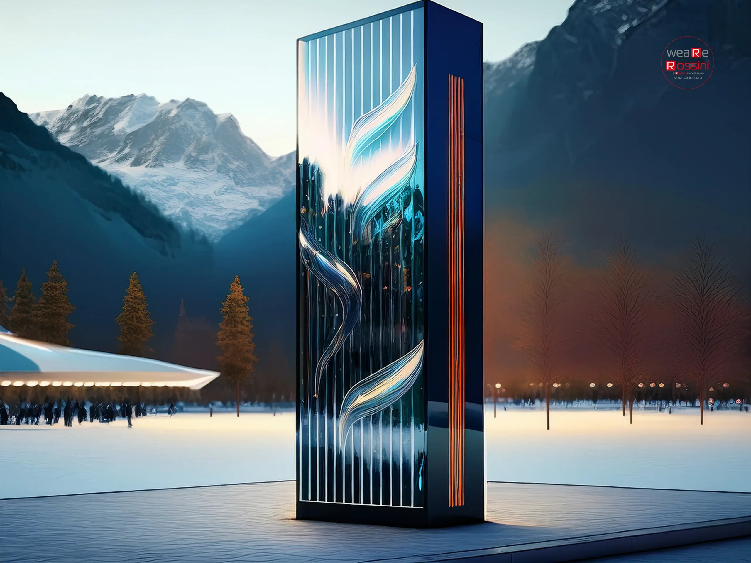 Totem espositivo in ambiente outdoor innevato
