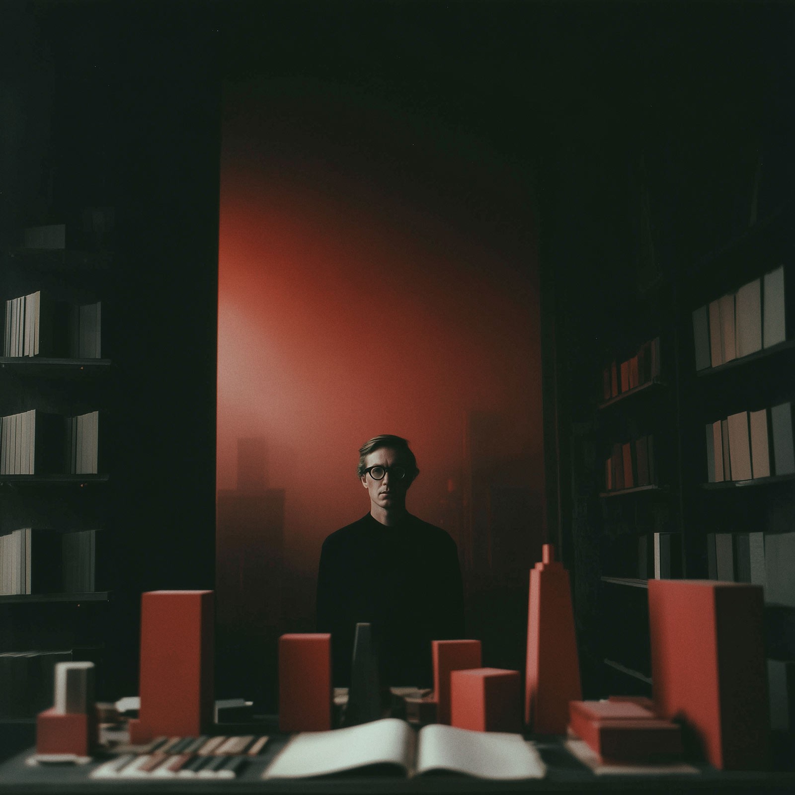 Person sitting alone in moody red-lit space