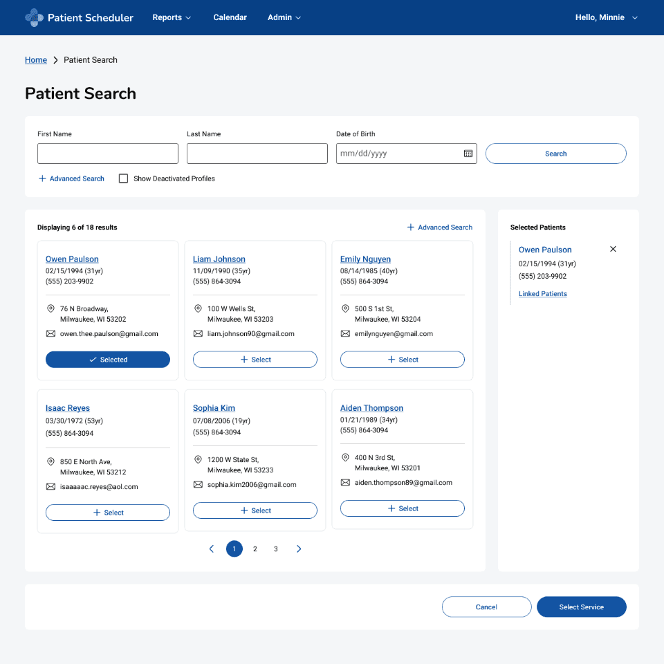 A digital patient scheduler interface displaying search results with options for entering first name, last name, and date of birth; results are shown as separate cards with patient details including names, addresses, and contact information, alongside buttons for selecting or deselecting profiles.