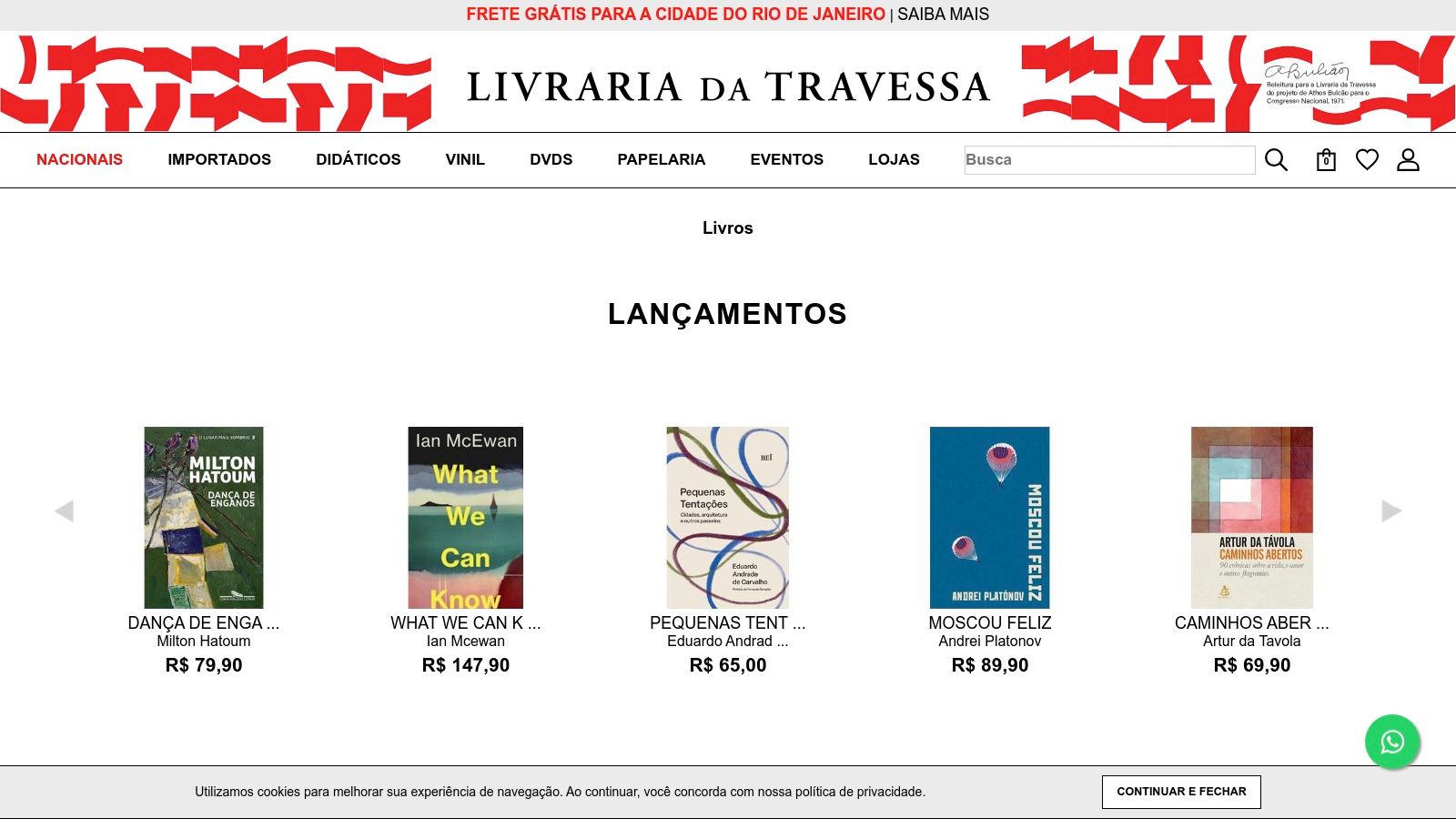 A screenshot of the Livraria da Travessa website showing a curated list of new releases in business and sales books, highlighting its focus on expert-led curation.