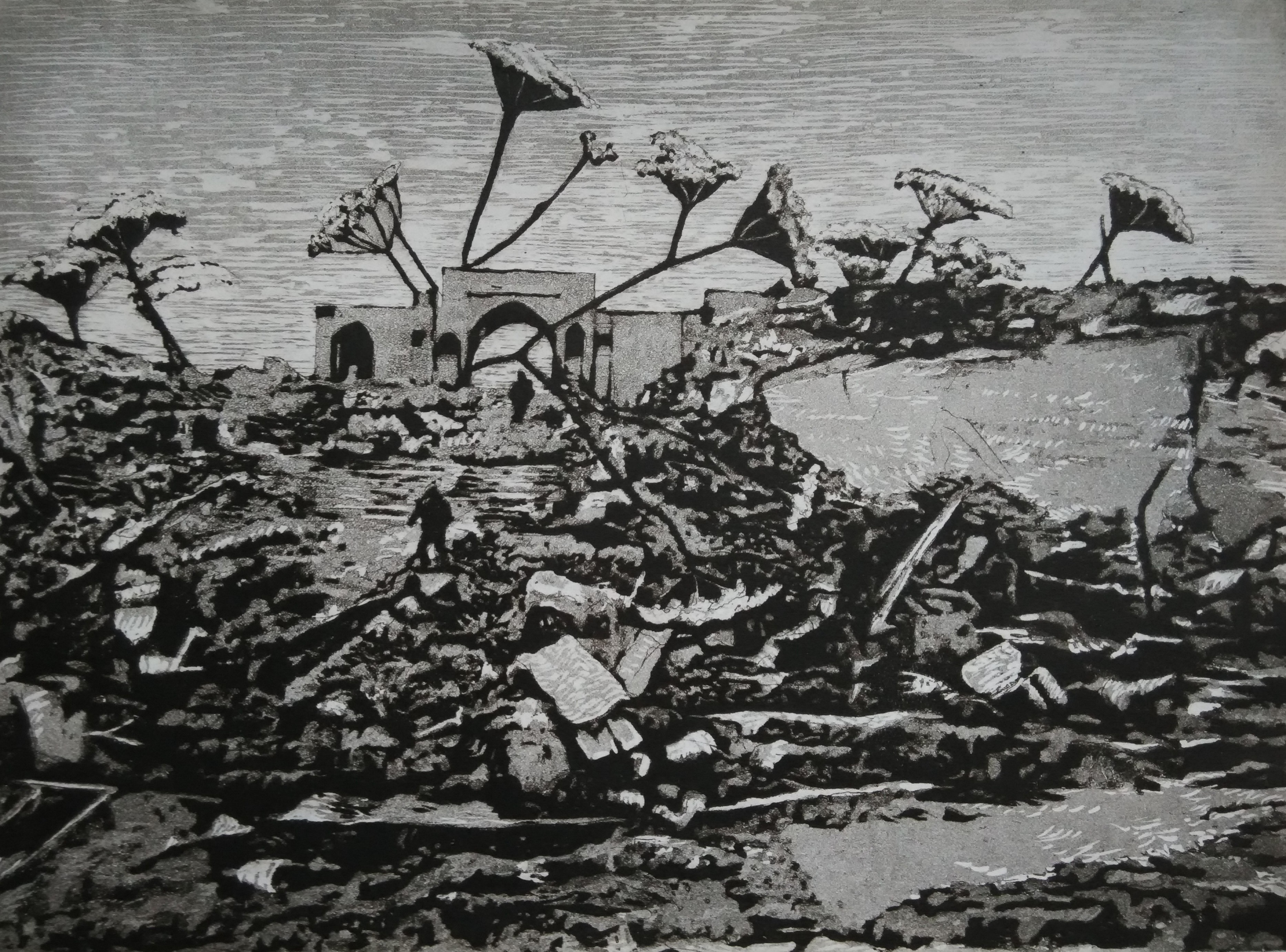 herd of sheep on road painting