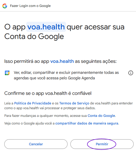 Tela de permissão do Google solicitando autorização para o app voa.health acessar a Google Agenda