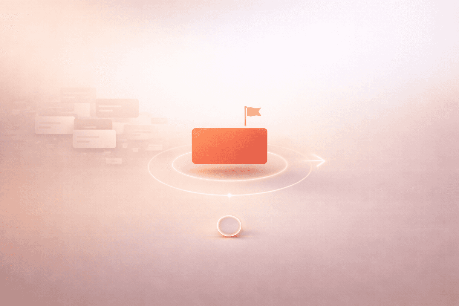 Minimalistische 3D-Illustration auf warmem cremebeigem Hintergrund mit einer zentral schwebenden korallorangenen Aufgabenkarte mit kleiner Flagge, umgeben von einem dezenten Leuchtring und einem Timer-Element darunter, während verblassende, transparente Aufgaben im Hintergrund den aufgeschobenen Kleinkram symbolisieren.